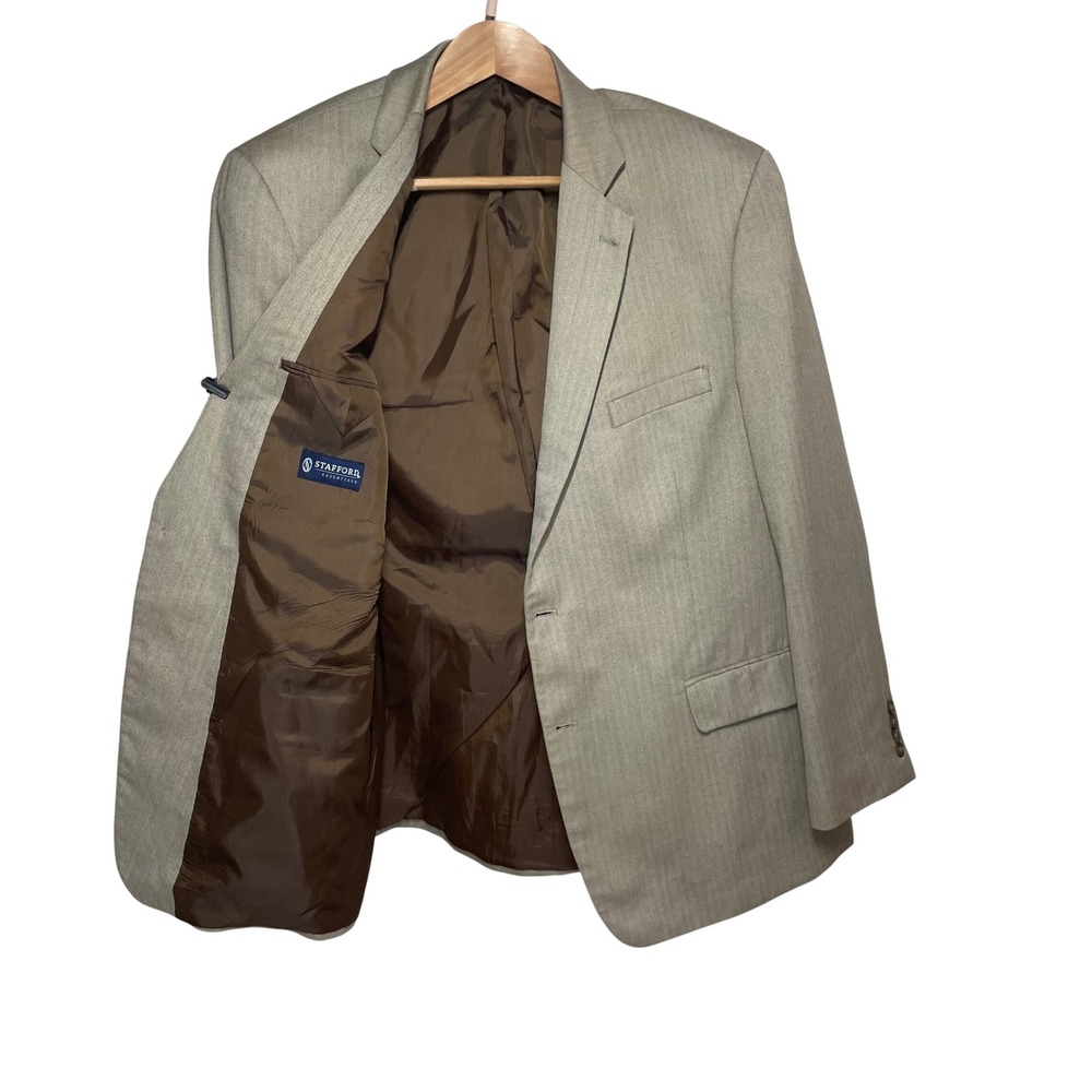 Stafford Essentials Mens 48L Classic Fit Herringbone Blazer Tan Beige Sport Coat